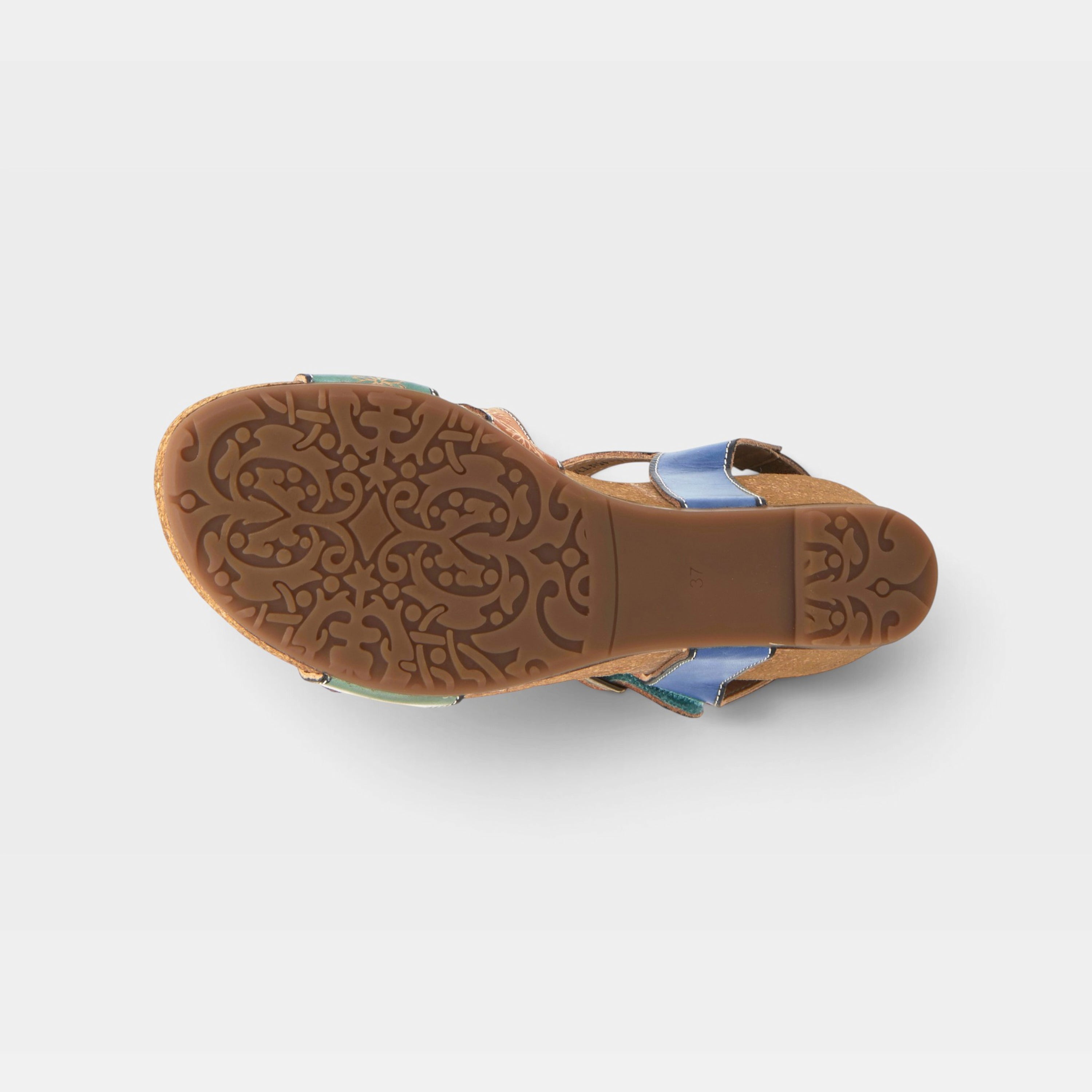 L'Artiste Tanja ankle strap sandal in Mint Green Multi, outsole view