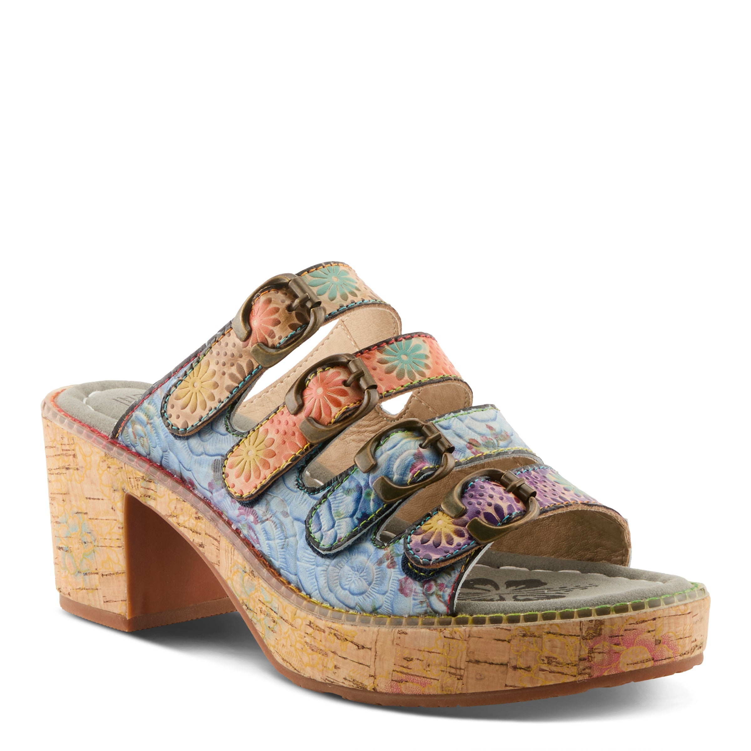L'Artiste Teetimer Cork Block Heel Sandals - Spring Step Shoes