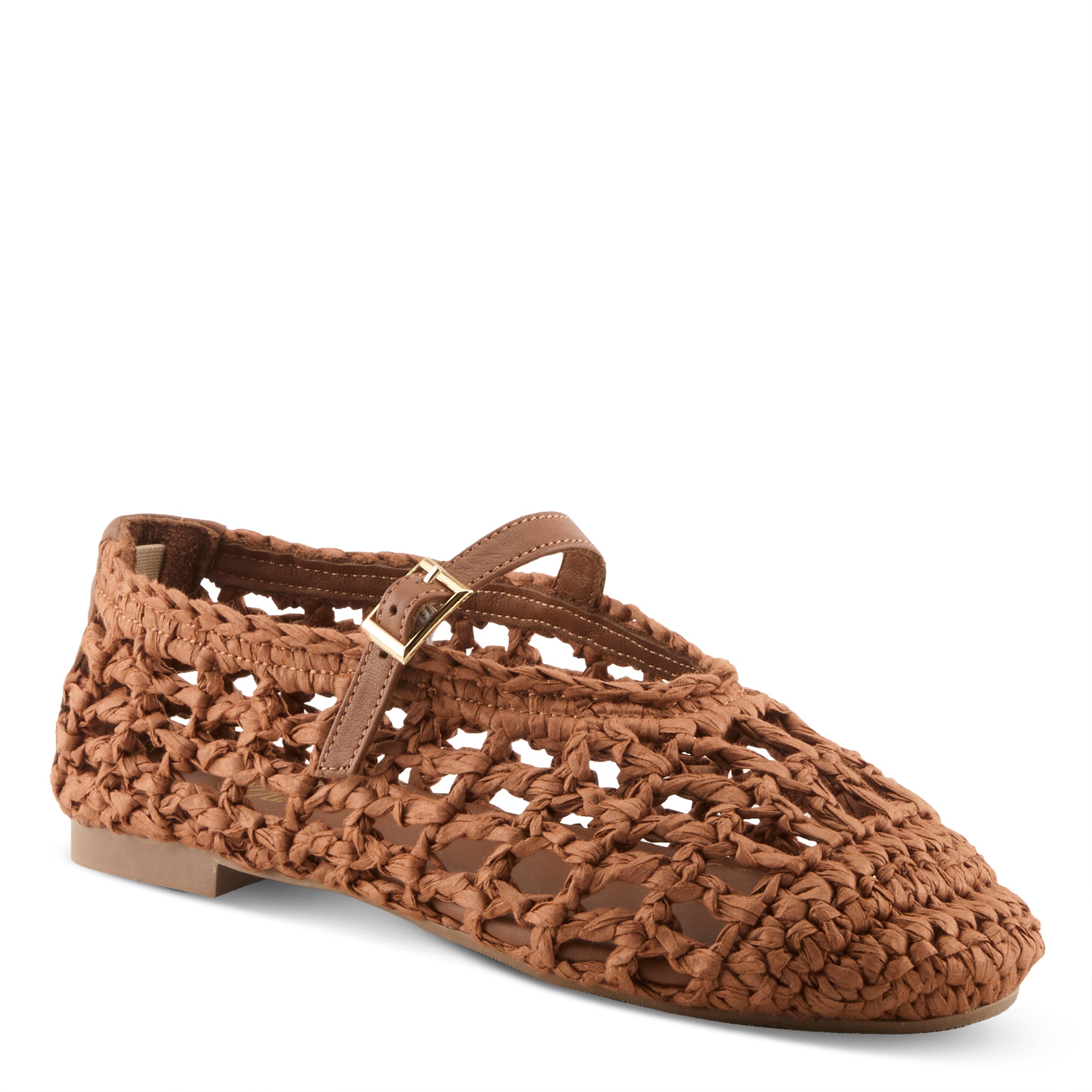 Azura Thevineyard women's flat in brown with raffia upper and buckle detail