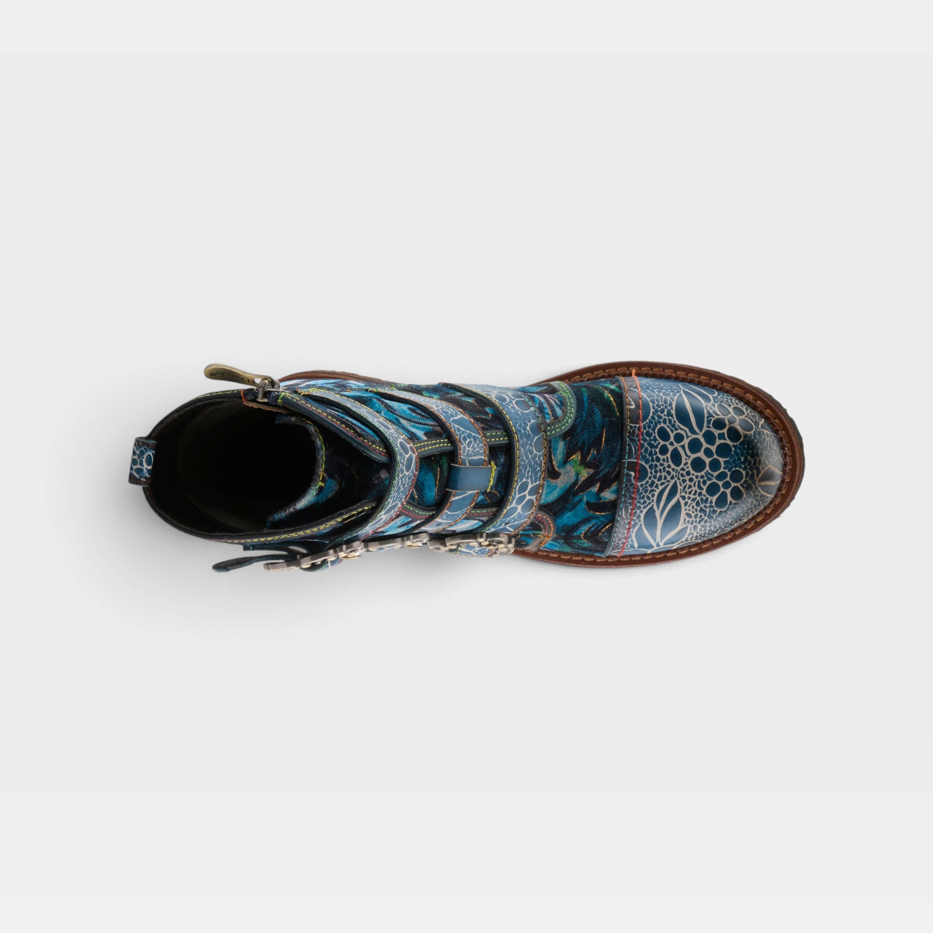 L'Artiste Thisway boots in Blue Multi, top view
