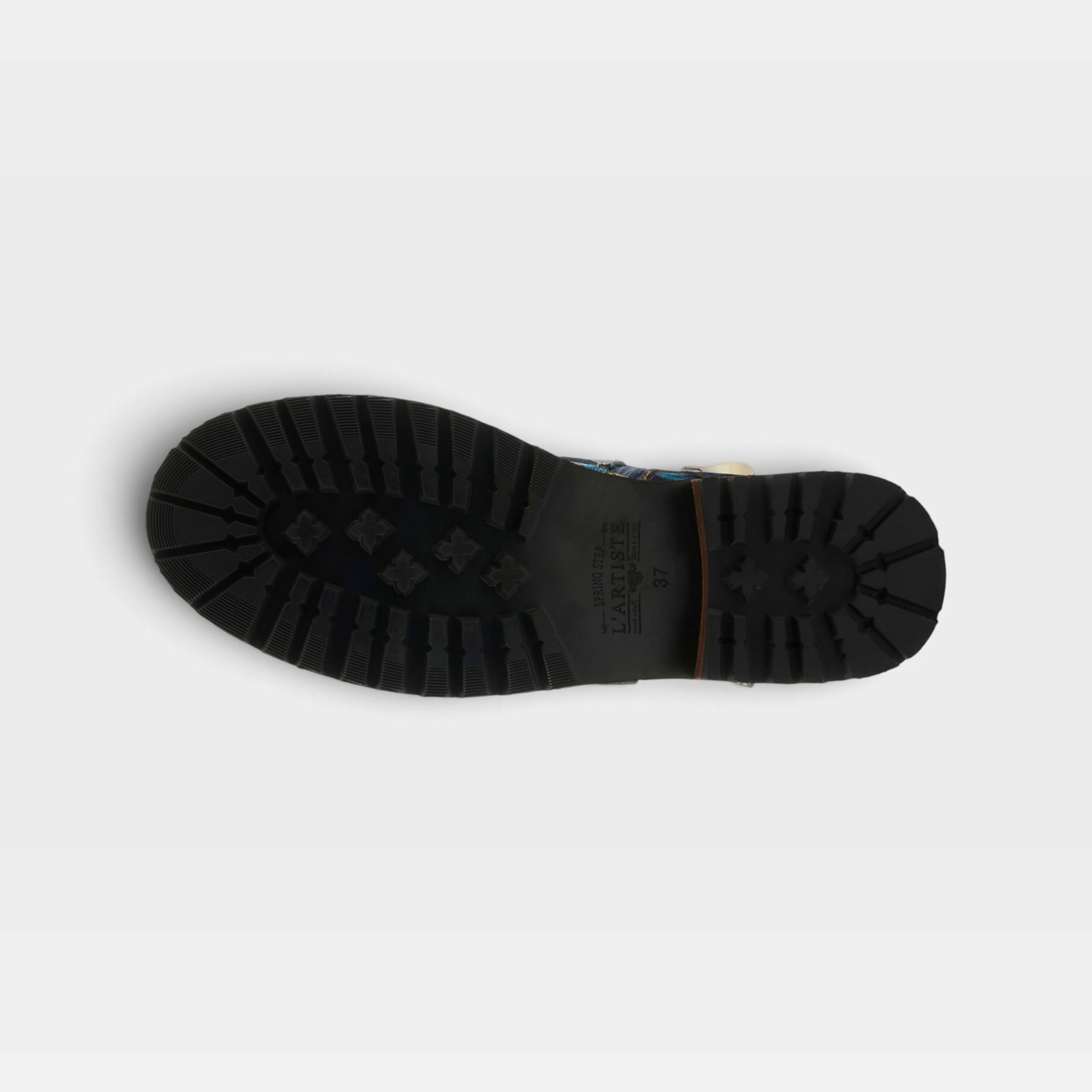 L'Artiste Thisway boots in Blue Multi, outsole view
