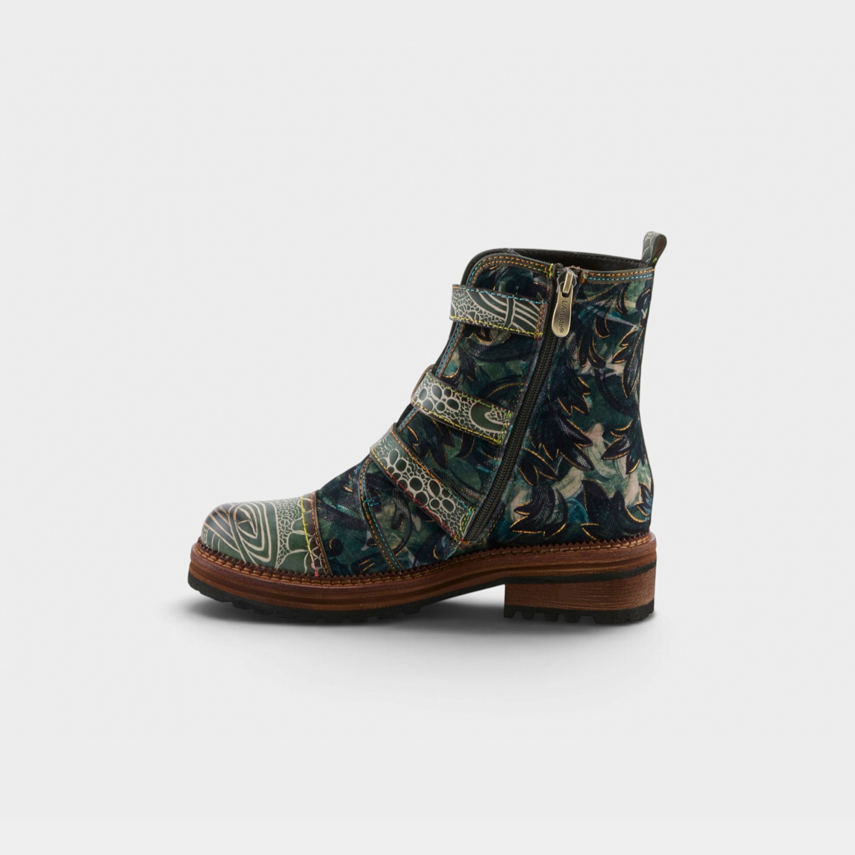 L'Artiste Thisway boots in Green Multi, side view