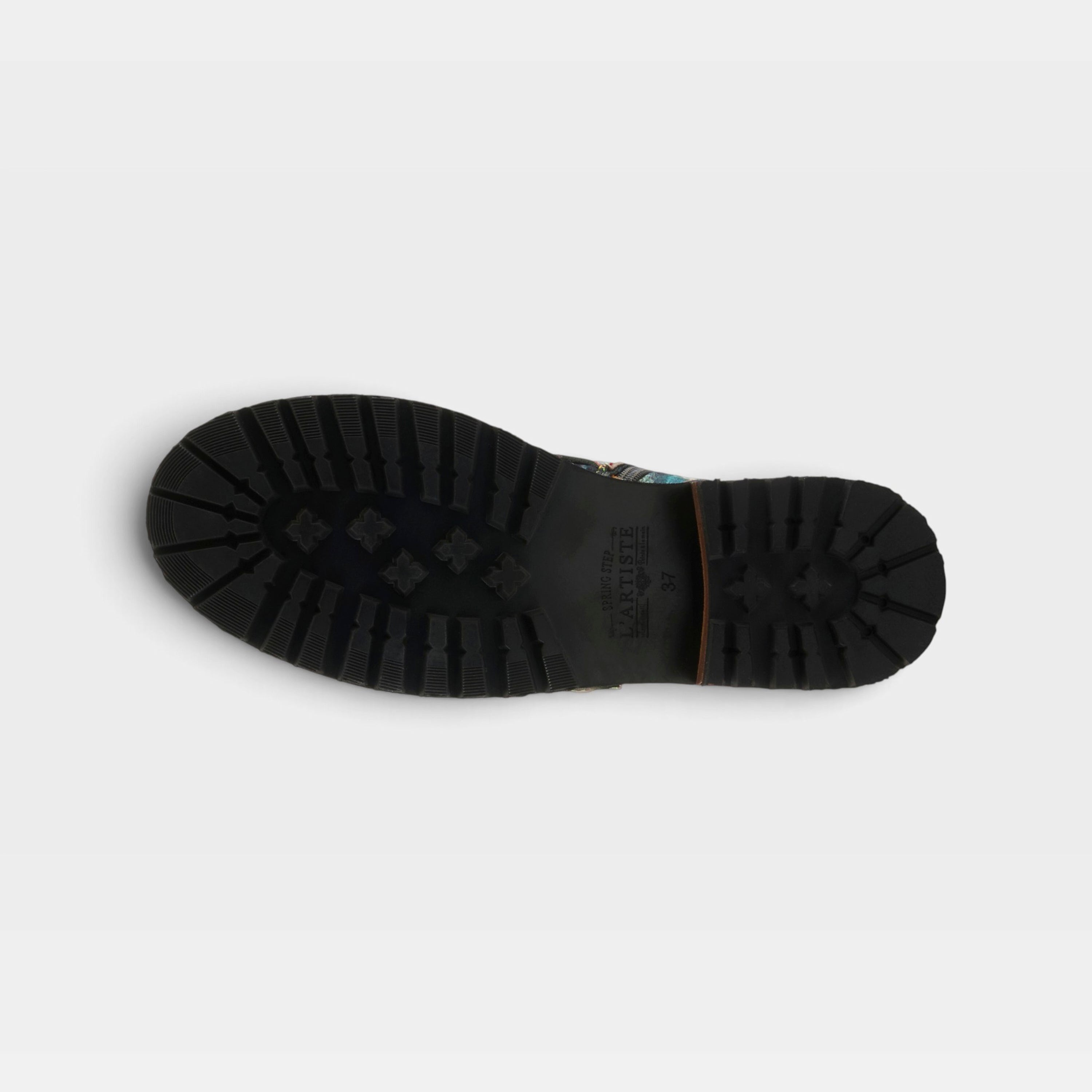 L'Artiste Thisway boots in Green Multi, outsole view