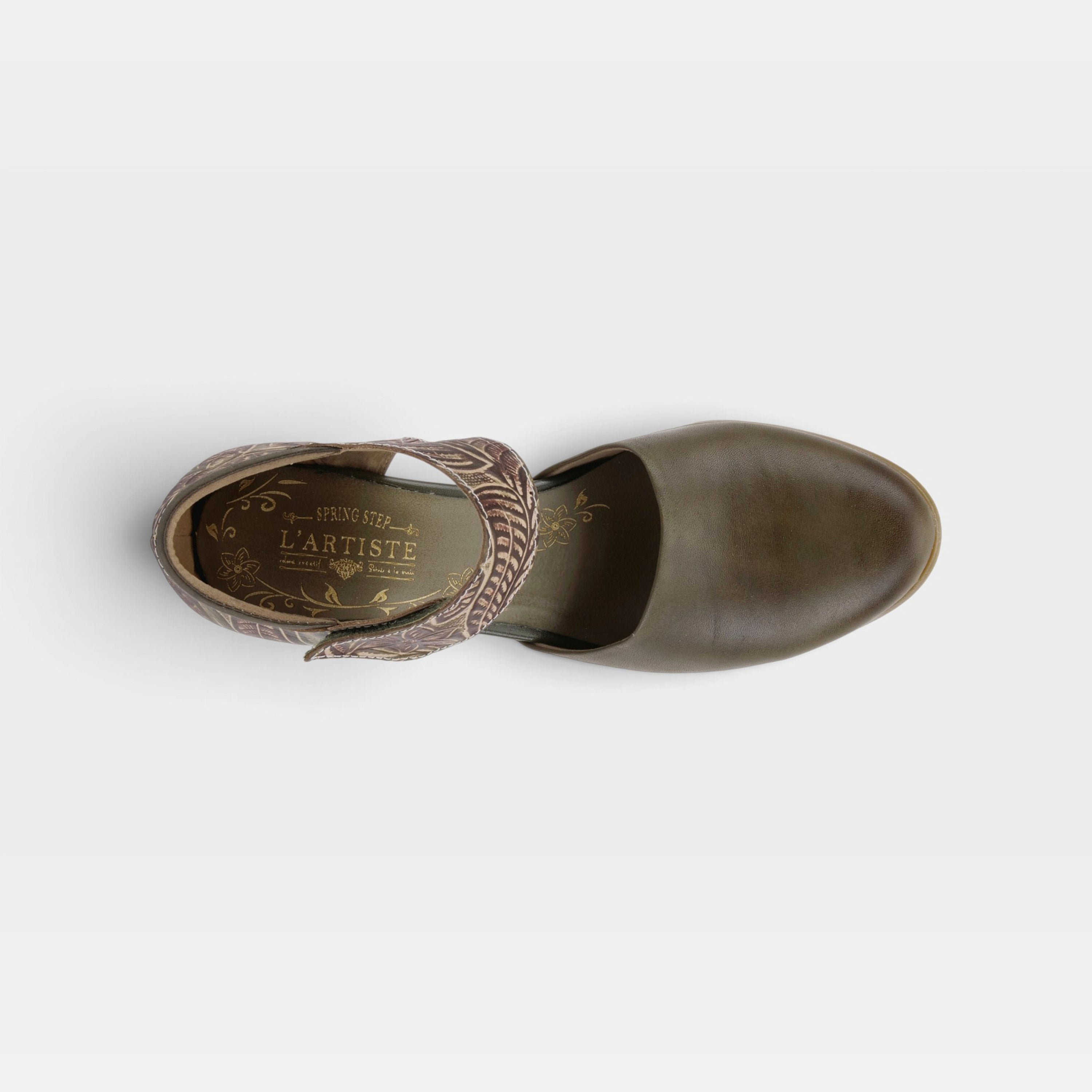 L'Artiste Toolie shoes in Olive Green, top view