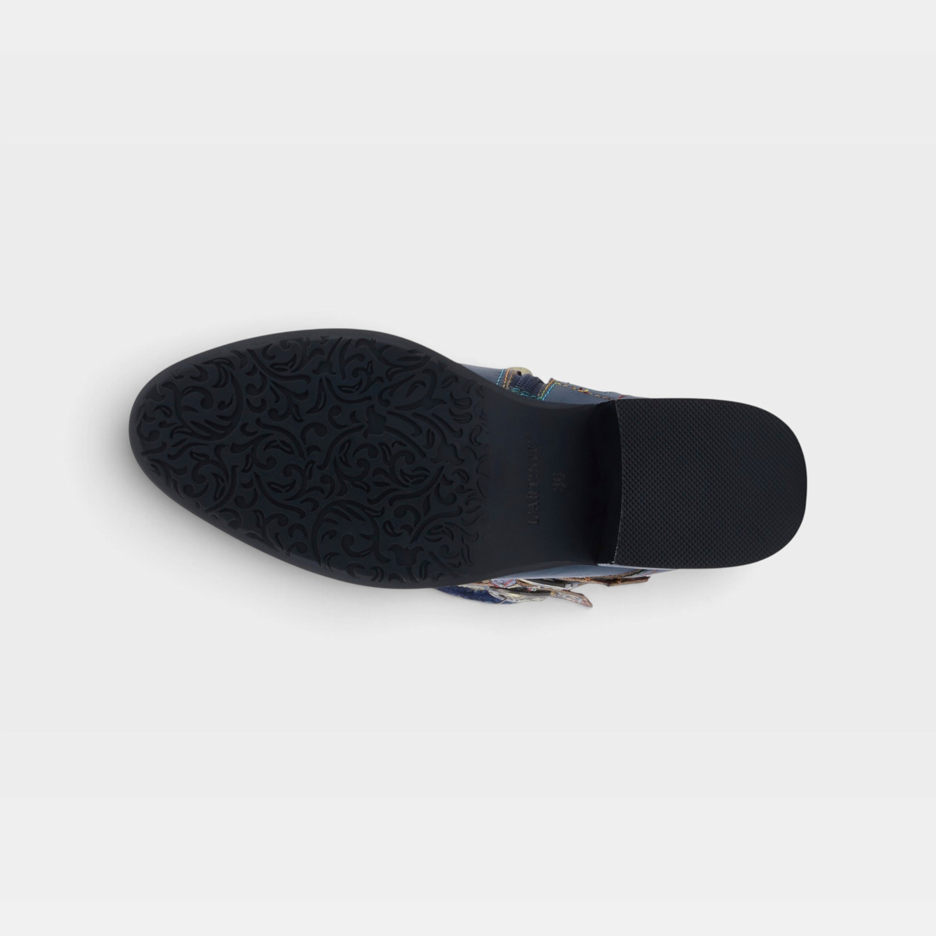L'Artiste Vaneyck tall western boot in Blue Multi, outsole view