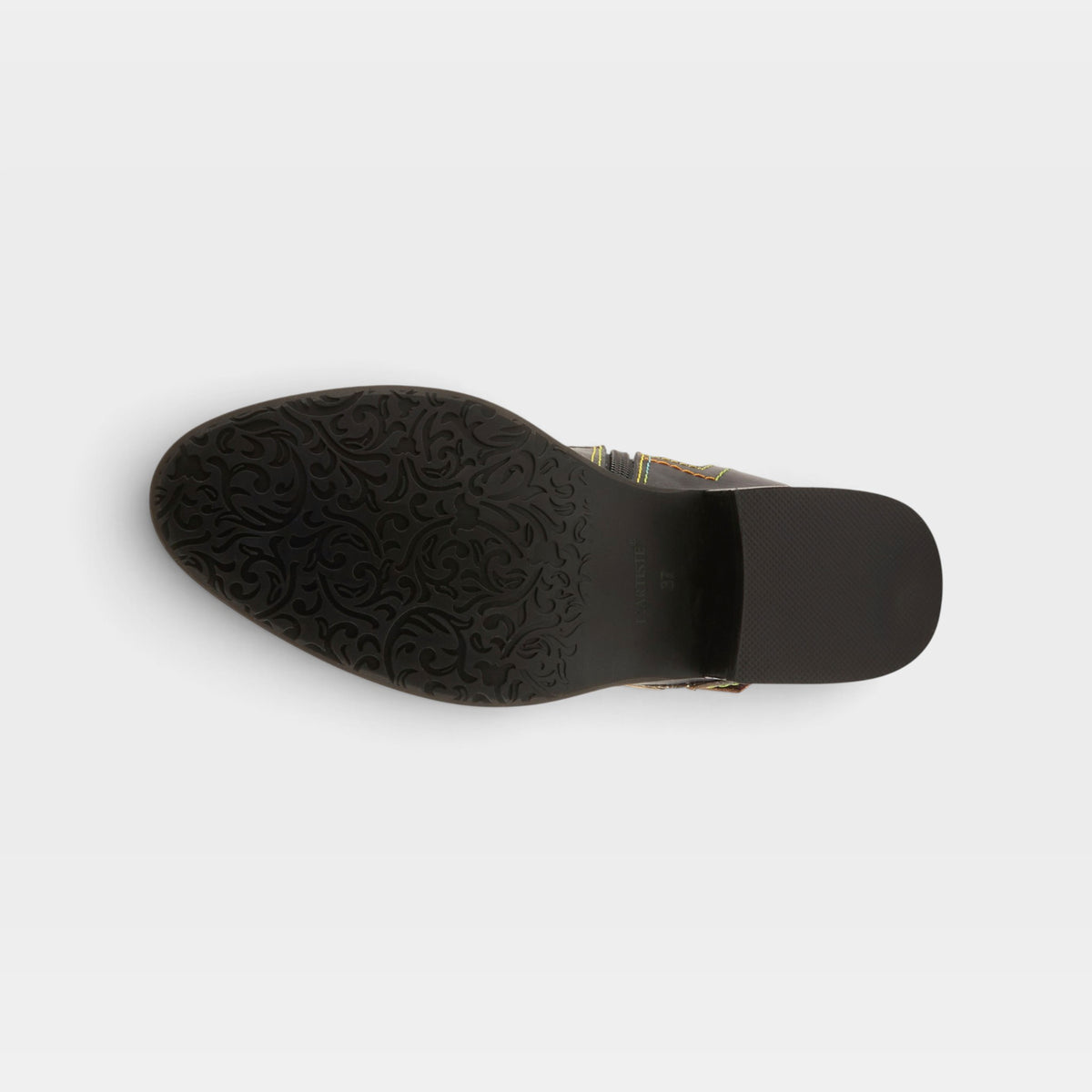 L'Artiste Vaneyck tall western boot in Black Multi, outsole view