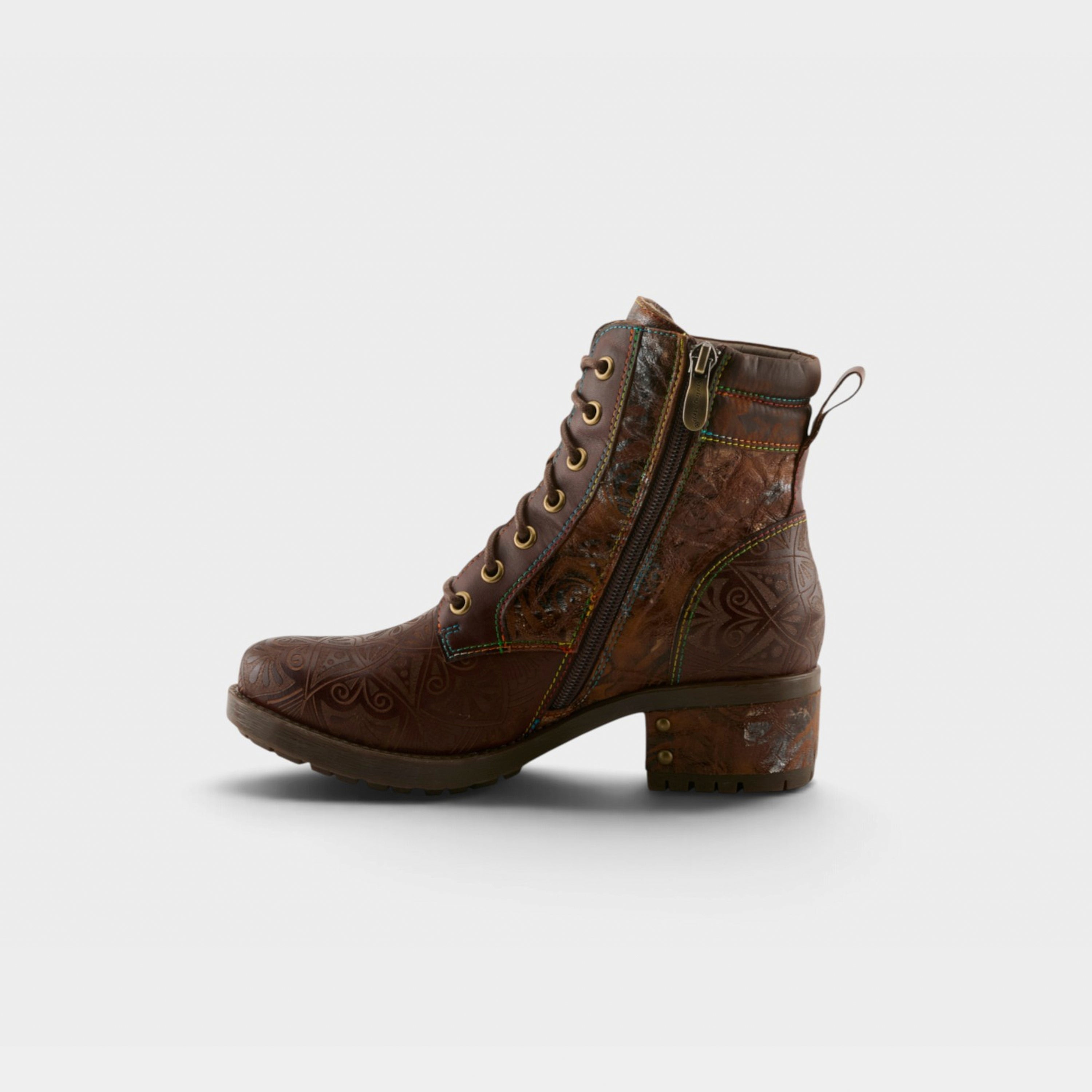 L'Artiste Whitefish boots in Brown Multi, side view