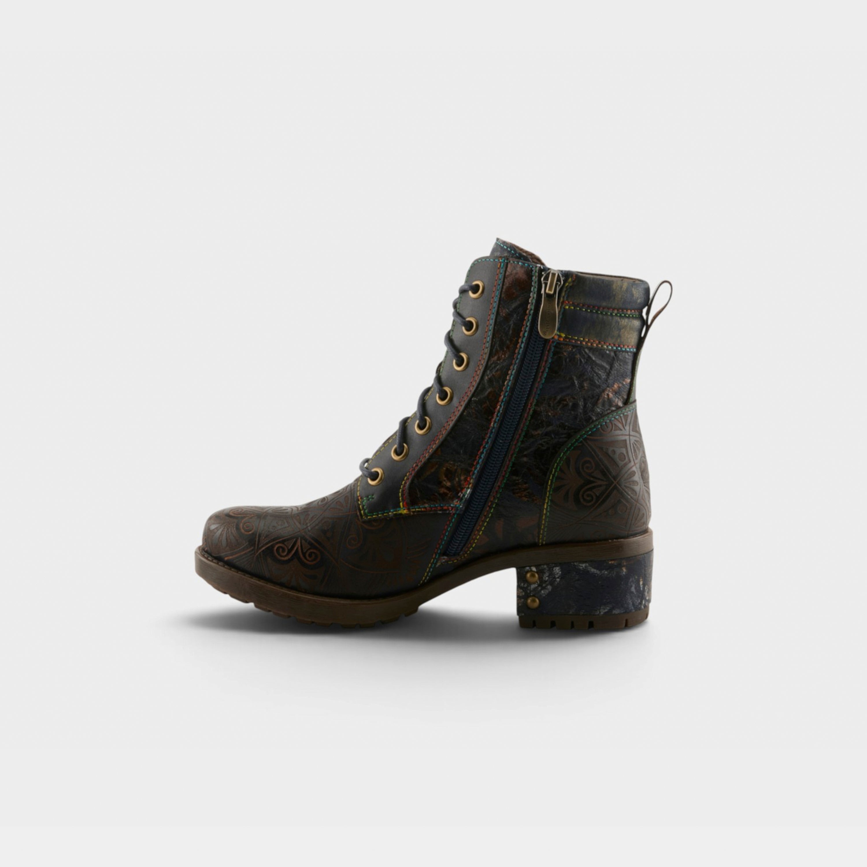 L'Artiste Whitefish boots in Navy Multi, side view
