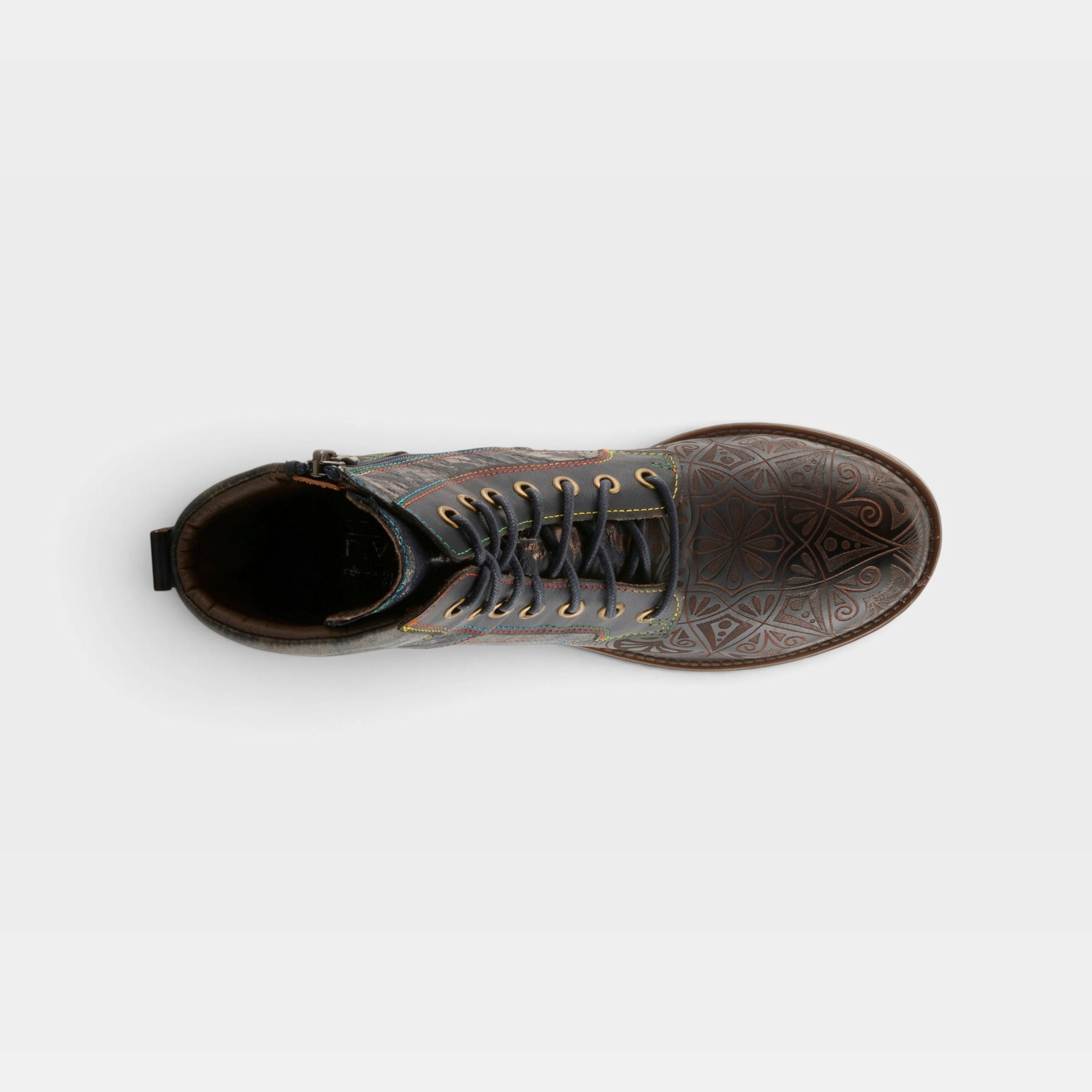 L'Artiste Whitefish boots in Navy Multi, top view