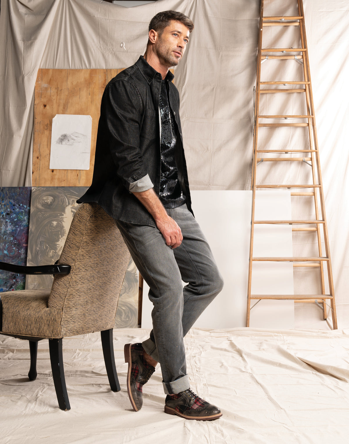 L'Artiste L'ARTISTE MEN THAVO-PLAID OXFORD SHOE shoe in tan multi with handcrafted leather design