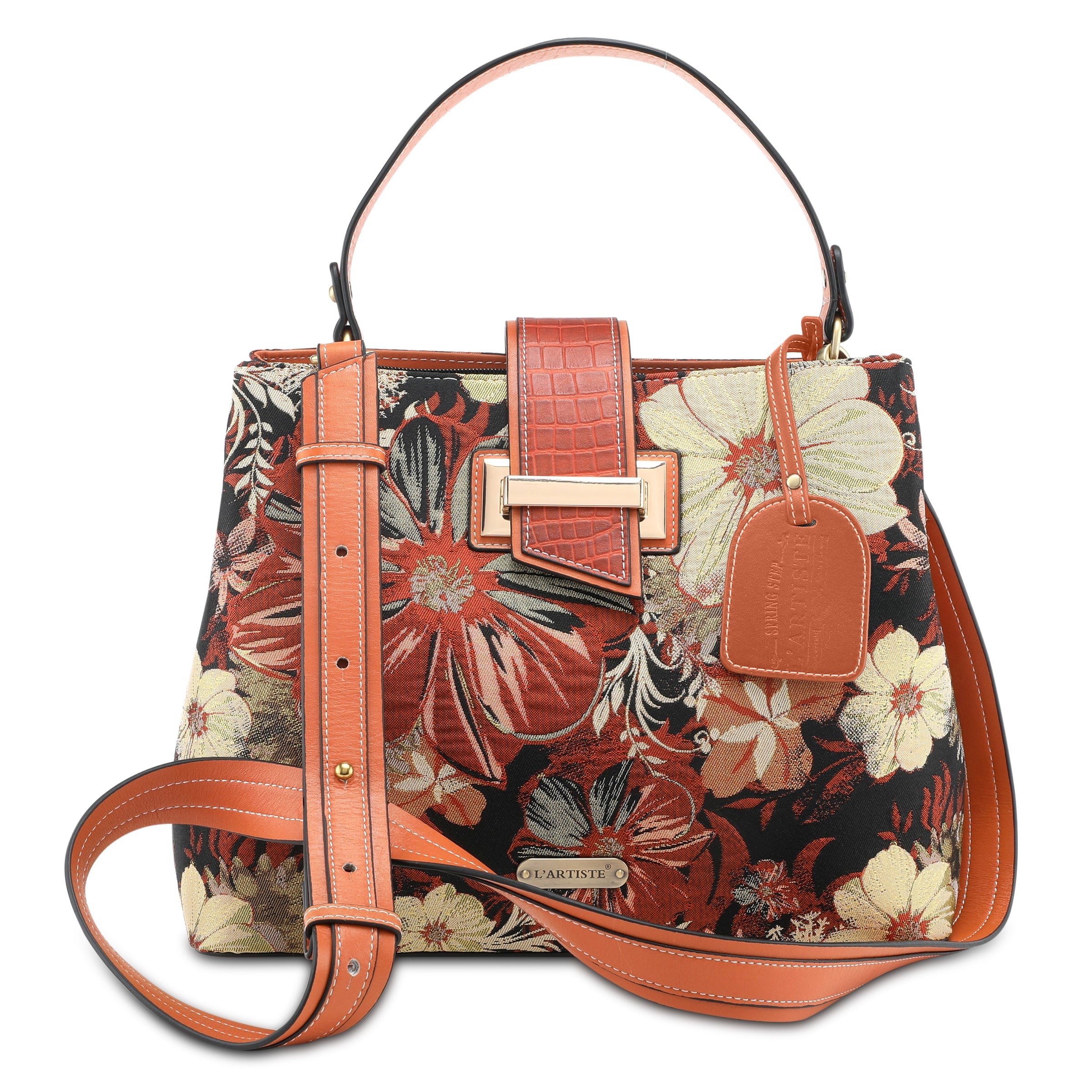 L'Artiste L`ARTISTE HB-DUET-TAPESTRY HANDBAG shoe in camel multi with handcrafted leather design