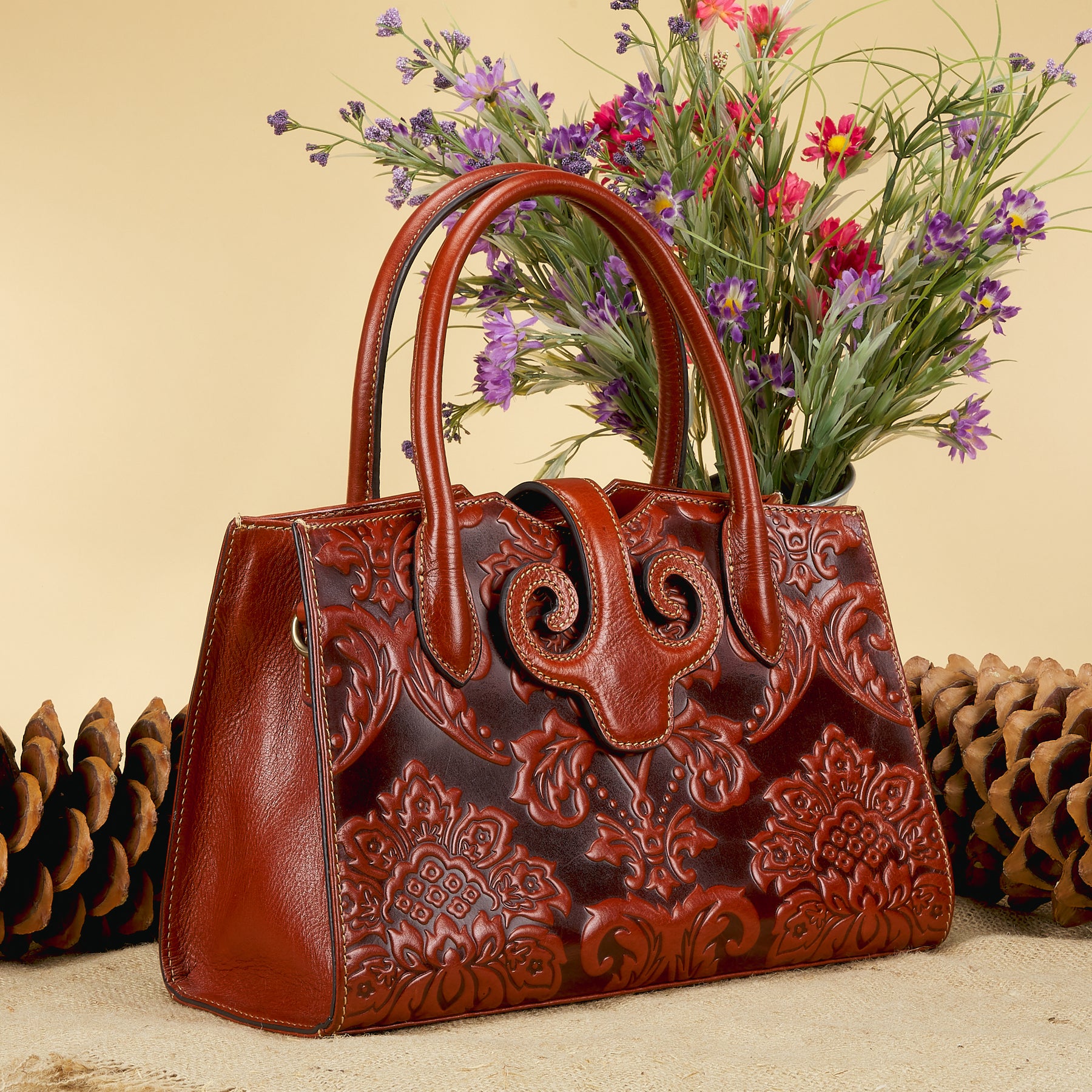 Ostrich skin handbag in Camel color – Lotus Gallery