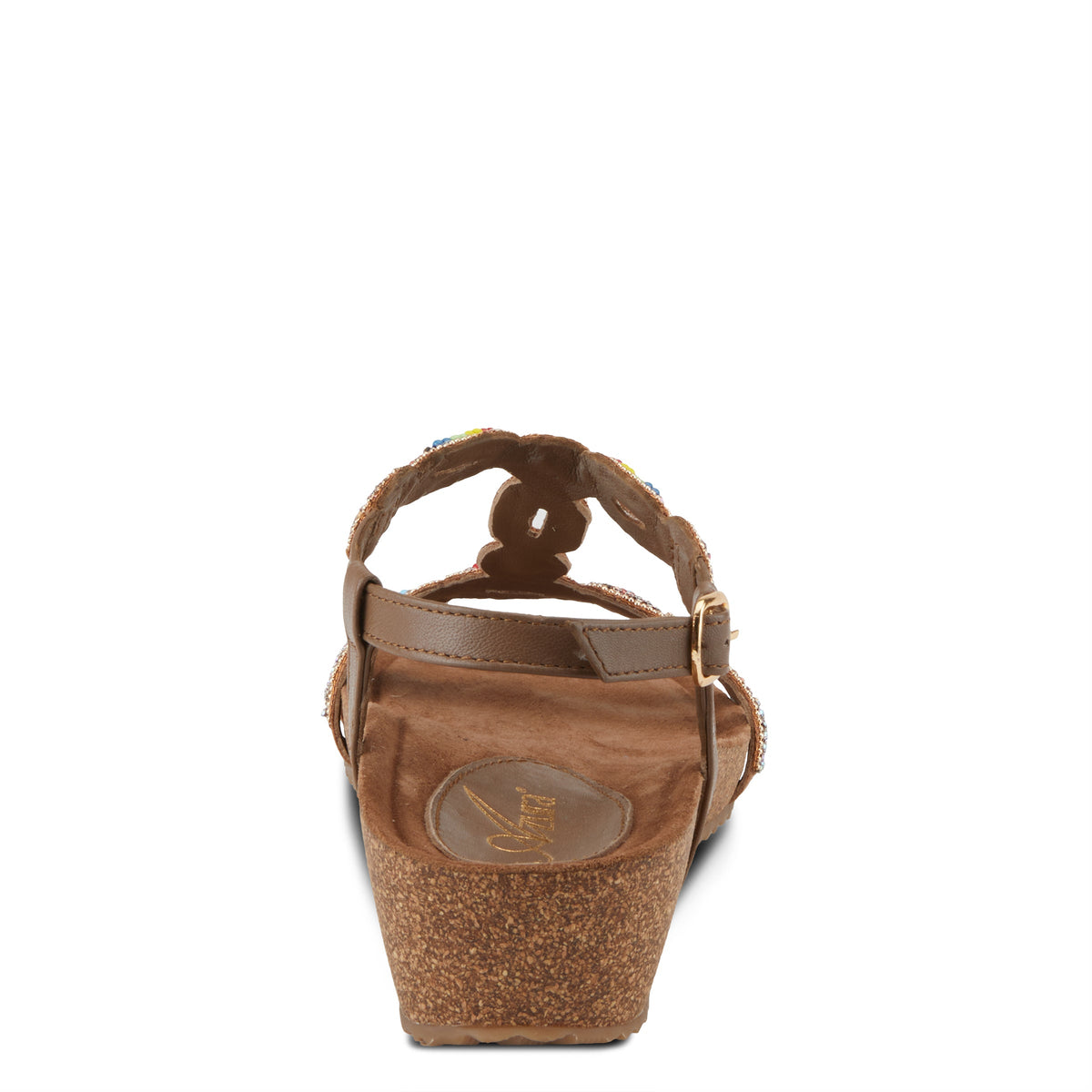 Azura Stunnin T-Strap women's wedge sandal in taupe multi with leather upper and buckle detail