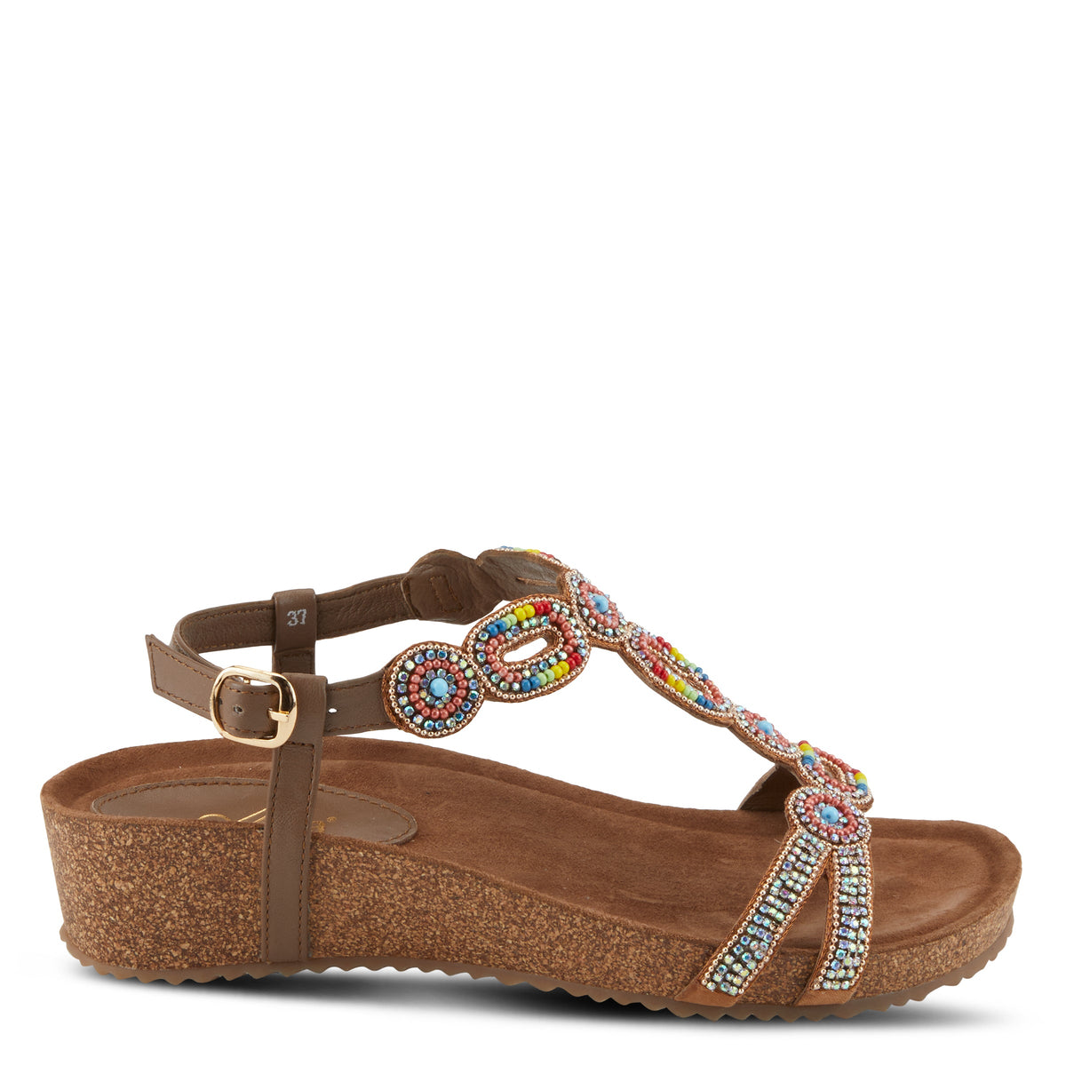 Azura Stunnin T-Strap women's wedge sandal in taupe multi with leather upper and buckle detail