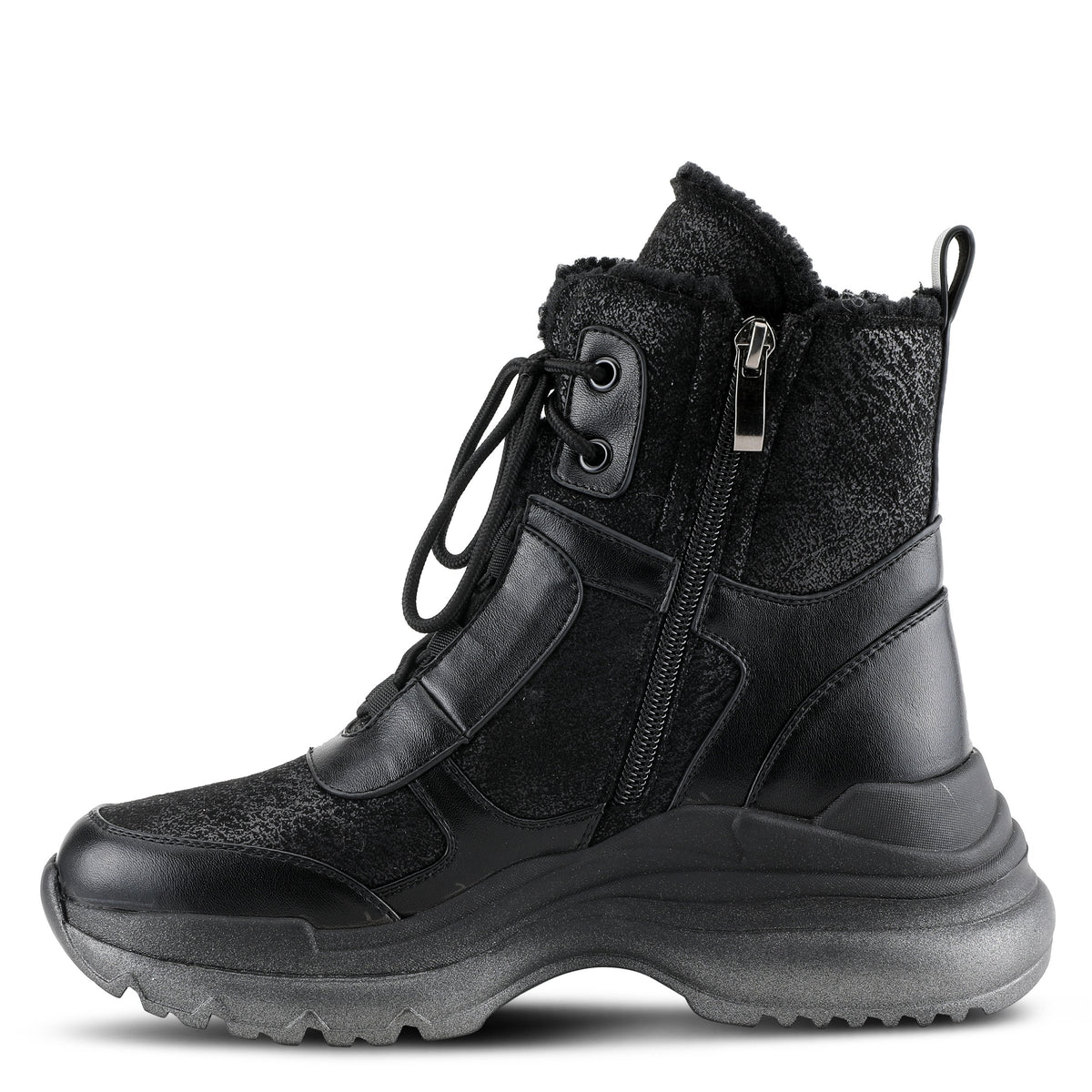 Azura Tahoe women's bootie in black multi with zipper detail and chunky sole